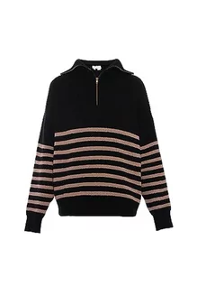 Swetry damskie - Blonda Damski sweter z dzianiny w paski z zamkiem błyskawicznym i Stehrevers akryl czarny beżowy rozmiar XL/XXL, czarny, beżowy, XL - grafika 1