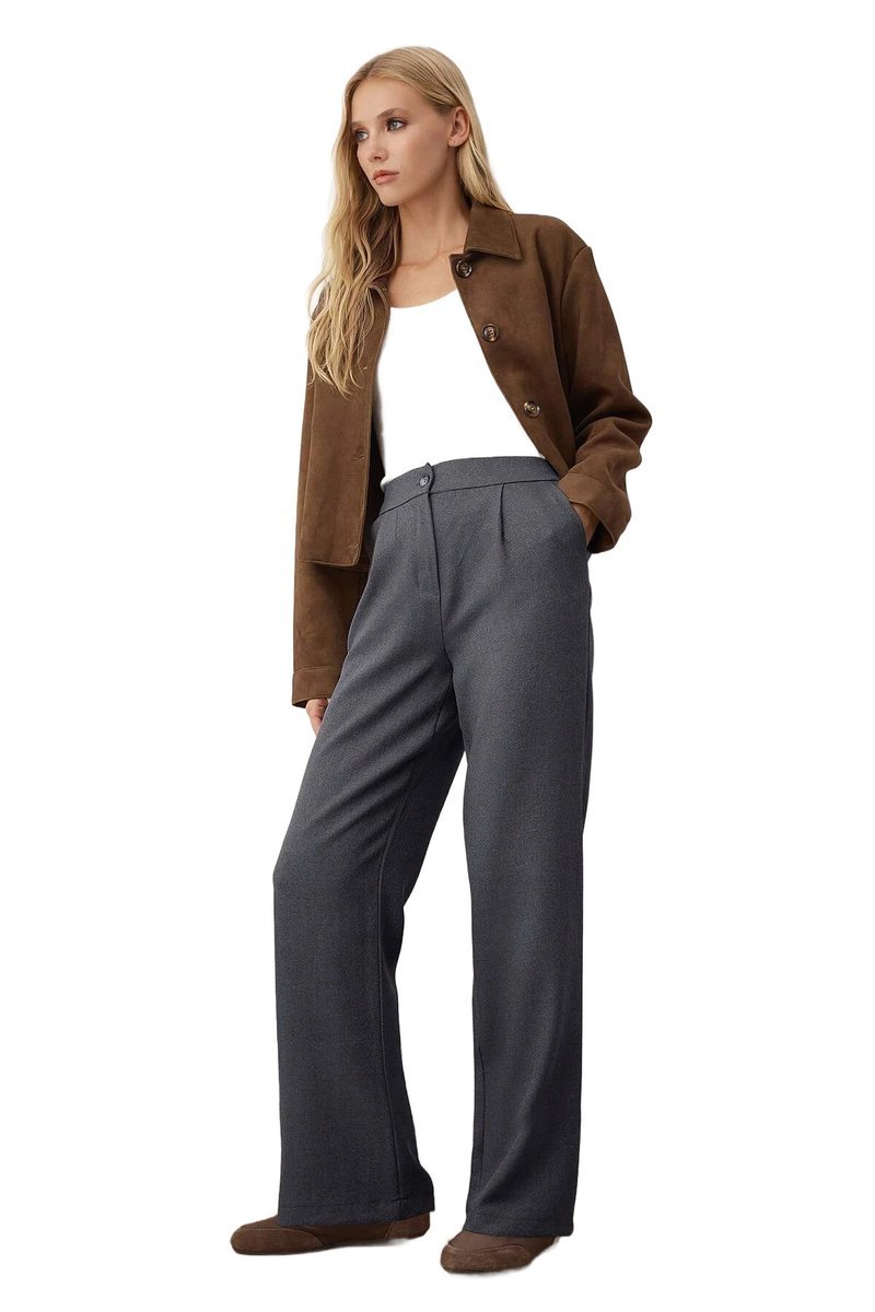 TRENDYOL SPODNIE DAMSKIE PROSTE SZARE Z ZASZEWKAMI CASUAL 36 5EA*