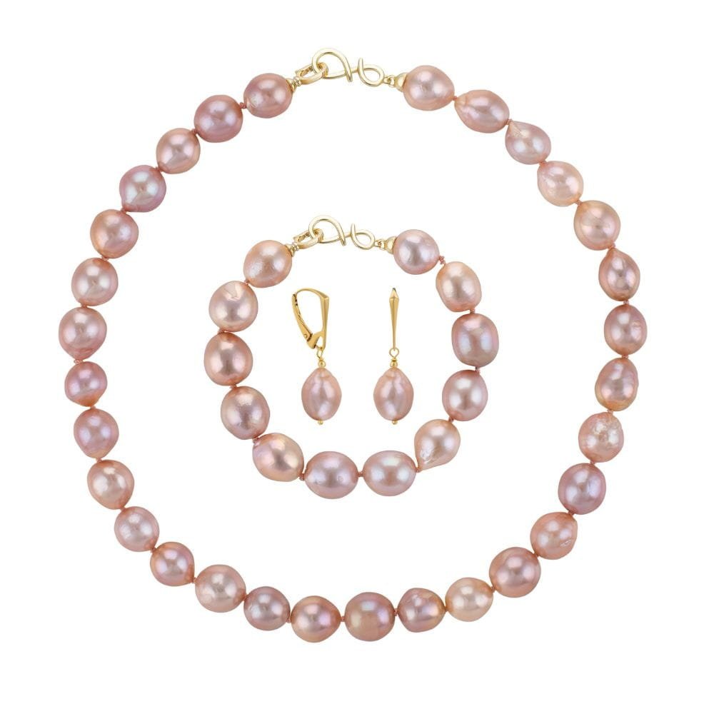 ENAYA NELLIE Rose Komplet naszyjnik bransoletka kolczyki duże perły barokowe różowe owalne srebro - 38 cm