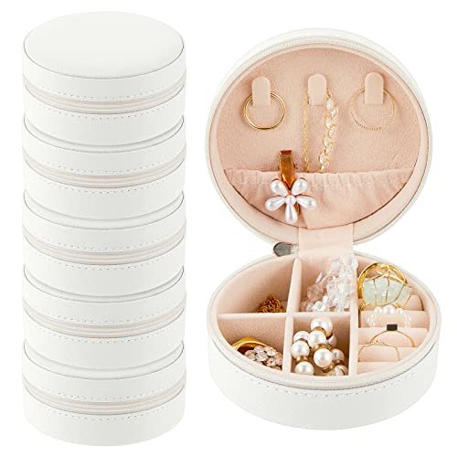 6 szt. podróżne etui na biżuterię dla druhny pudełka na prezenty biżuteria organizer podróżny małe okrągłe pudełko na biżuterię mini przechowywanie skóra PU, białe