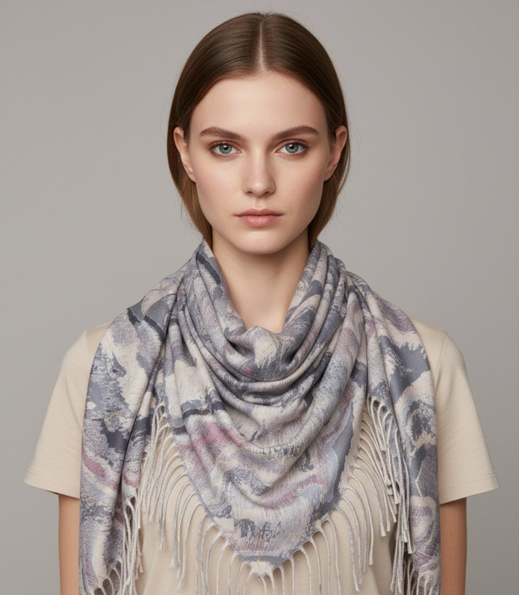 Chusta szal szalik z falistym delikatnym wzorem z frędzlami