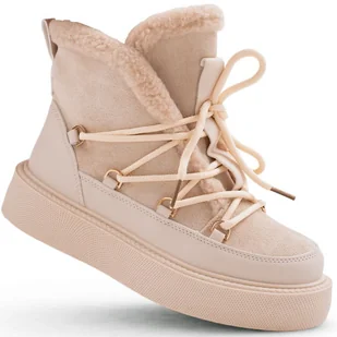 Botki Damskie Eleganckie Sznurowane Wysokie Stylowe Modne Cieple Klasyczne Z Skóry Ekologicznej Ocieplane Beżowe Styria 38 - Botki damskie - miniaturka - grafika 1