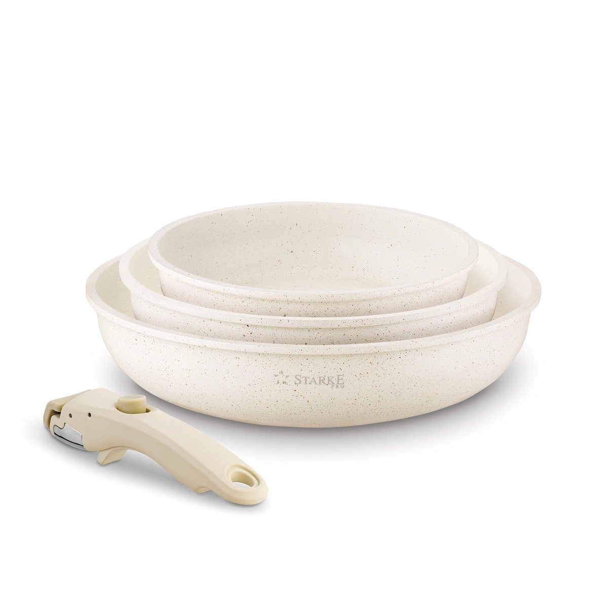 Zestaw 3 patelni aluminiowych na indukcję odpinany uchwyt kremowe