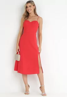 Czerwona Rozkloszowana Sukienka na Ramiączkach z Rozcięciem Sveame - Sukienki - miniaturka - grafika 1