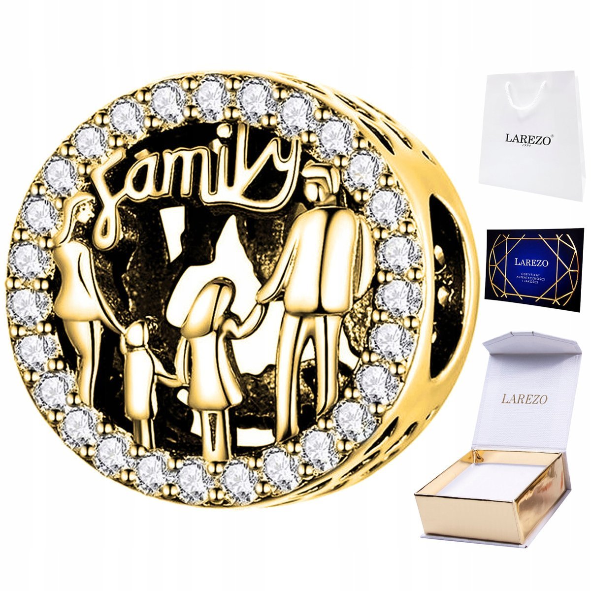 CHARMS ZŁOTY Koralik z Rodziną Napis Family Miłość z Cyrkoniami SREBRO 925