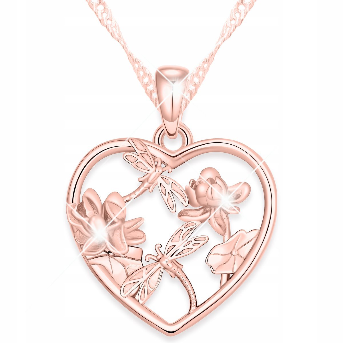 Naszyjnik Pozłacany Serce z Łąką Dwie Ważki Serduszko z Kwiatami SREBRO 925