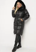 Kurtki damskie - Czarna Pikowana Kurtka ze Ściągaczem w Talii i Odpinanym Futerkiem przy Kapturze Zemilae - miniaturka - grafika 1