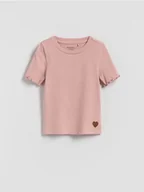 Koszulki dla dziewczynek - Reserved - Prążkowany t-shirt z haftem - różowy - miniaturka - grafika 1