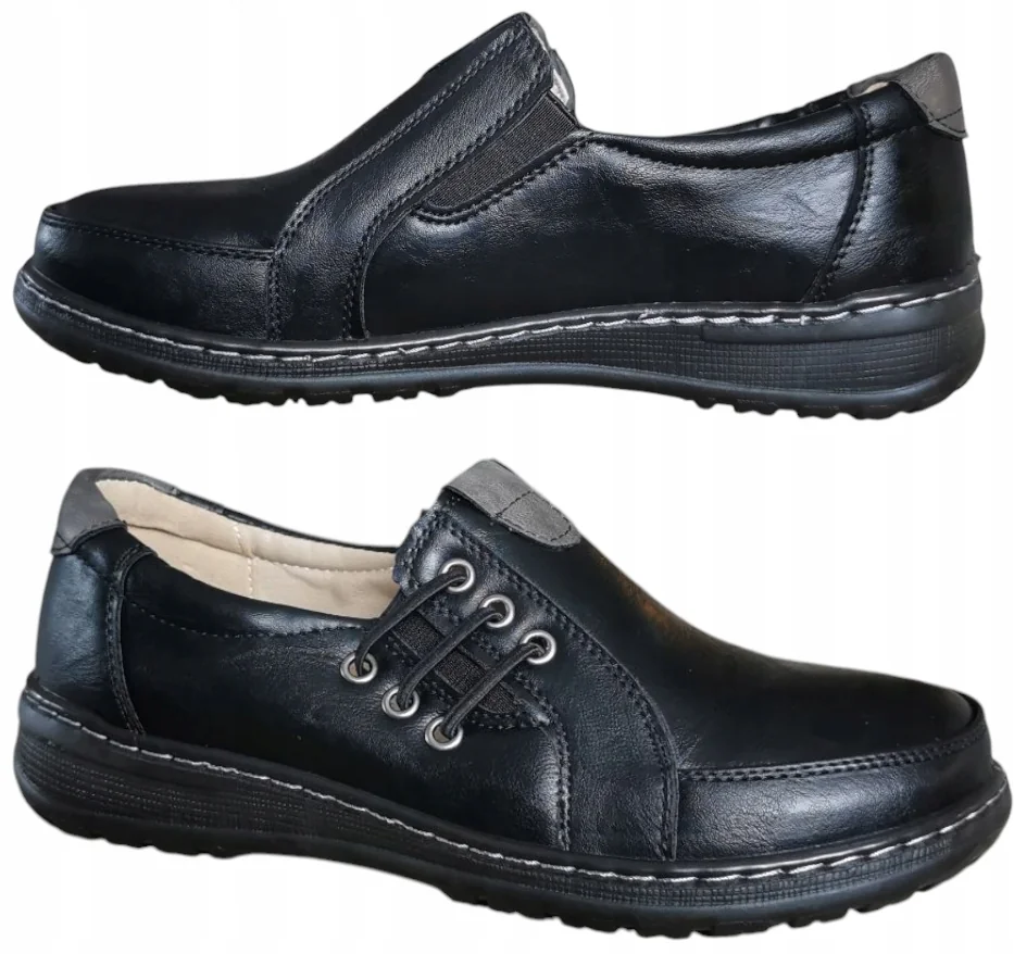 Buty damskie CZARNE CZARNY półbuty wygodne skóra roz. 37 obuwie wsuwane na co dzień wkładka naturalna niski obcas 2 cm