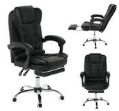 Fotele i krzesła biurowe - Fotel biurowy obrotowy ecoskóra z podnóżkiem podstawa chrom czarny - miniaturka - grafika 1