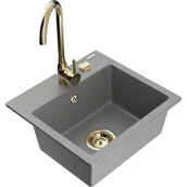 Zlewozmywaki z baterią - Mexen Milo zlewozmywak granitowy 1-komorowy z baterią kuchenną Telma, szary - miniaturka - grafika 1