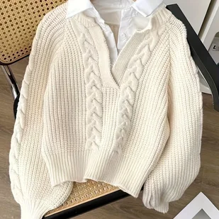 TEMU Elegancki sweter damski z dekoltem w serek - Miękki kardigan, szykowny sweter do biura i na co dzień dla kobiet, niezbędny element warstwowego - Swetry damskie - miniaturka - grafika 1