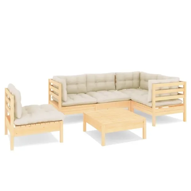 Zestaw Wypoczynkowy Ogrodowy z Litego Drewna Sosnowego, Kremowe Poduszki