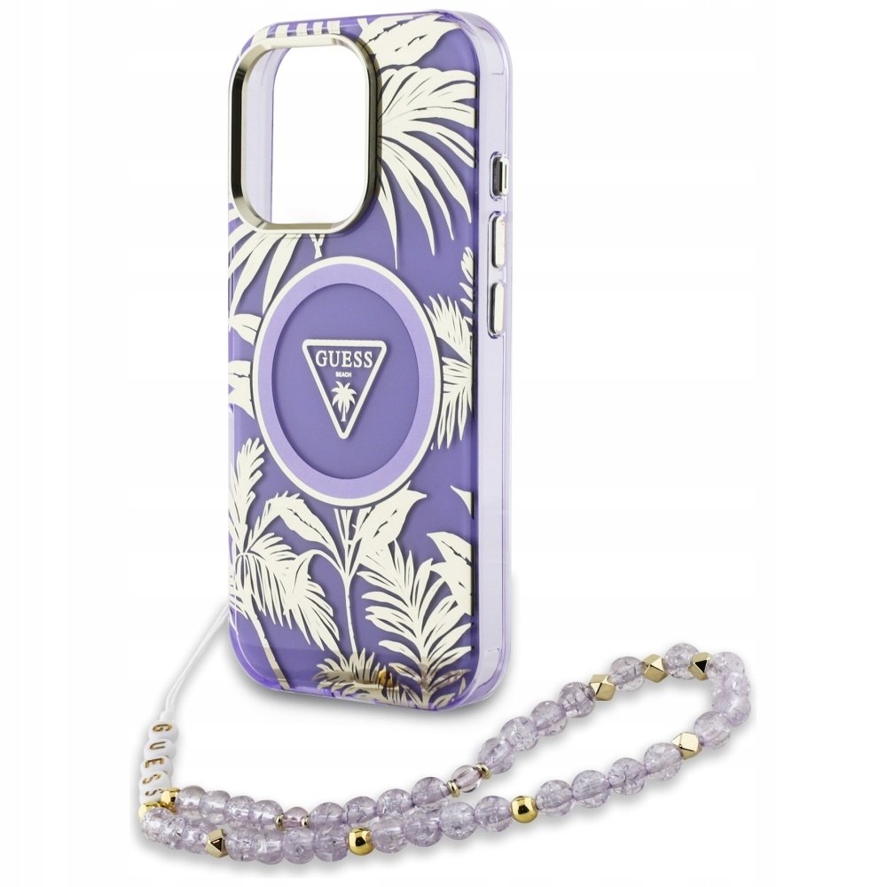 Guess Etui Palm Trees Triangle Pearl Strap MagSafe do iPhone 16 Pro Max, fioletowe