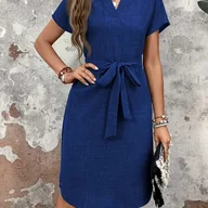 Sukienki - TEMU Damska sukienka casualowa z dekoltem w kształcie litery V i paskiem - krótki rękaw, długość do kolan, luźny krój, jednolity , poliester, idealna - miniaturka - grafika 1