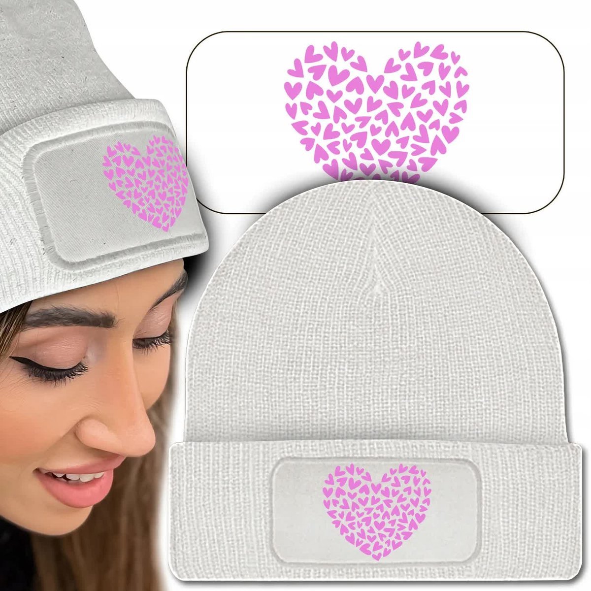 Zimowa Wygodna Czapka Biała HEART SWEET Mix Wzory
