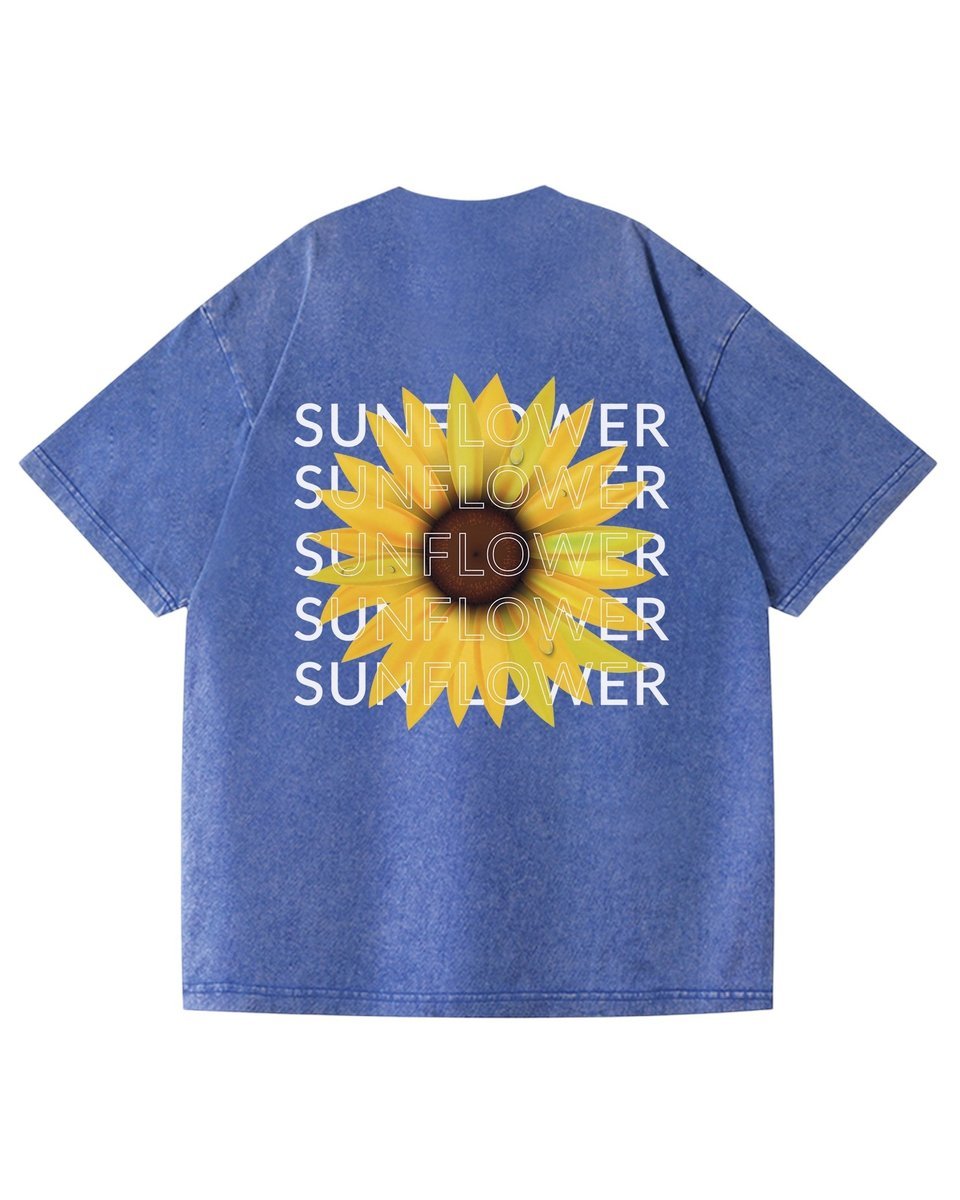 Męska koszulka oversize efekt sprania Słonecznik Kwiaty Lato Niebieska S