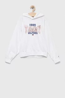 Bluzy dla dziewczynek - Tommy Hilfiger bluza dziecięca kolor biały z kapturem z nadrukiem - grafika 1