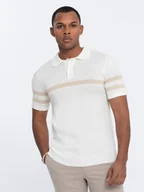Swetry męskie - Męska koszulka polo z miękkiej dzianiny z kontrastowymi pasami - kremowa V3 OM-POSS-0118 - Ombre Clothing - miniaturka - grafika 1