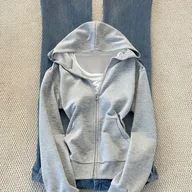 Kurtki damskie - TEMU Damski Jednokolorowy Długi Rękaw Kurtka Z Kapturem I Zamek Z Przodu (Bez Podszewki), Moda Streetwear,Kurtka Codzienna,Modny Styl,Minimalistyczny - miniaturka - grafika 1