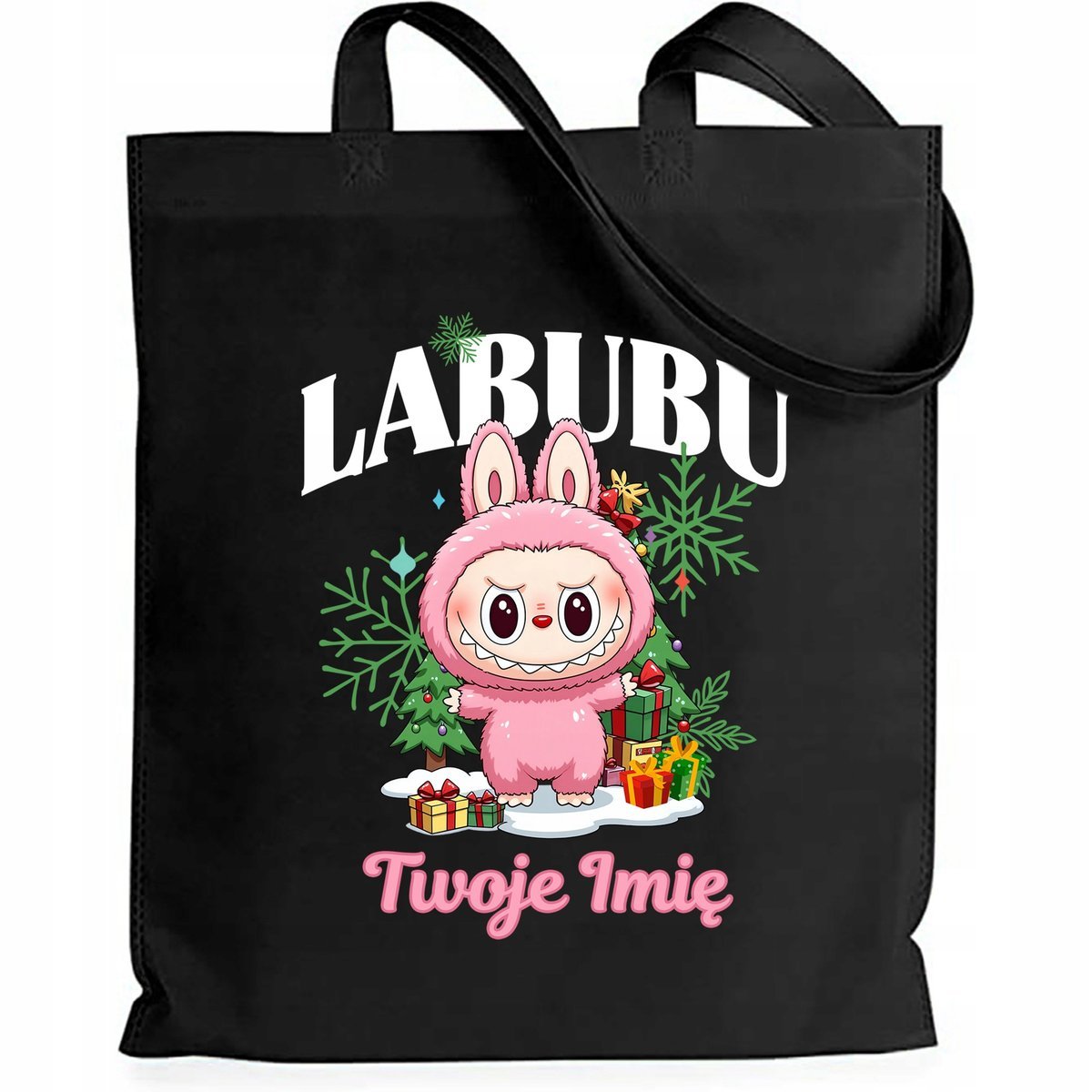 Torba EKO Czarna Shopper Z PREZENTAMI *IMIĘ* Prezent Na Święta Wzory