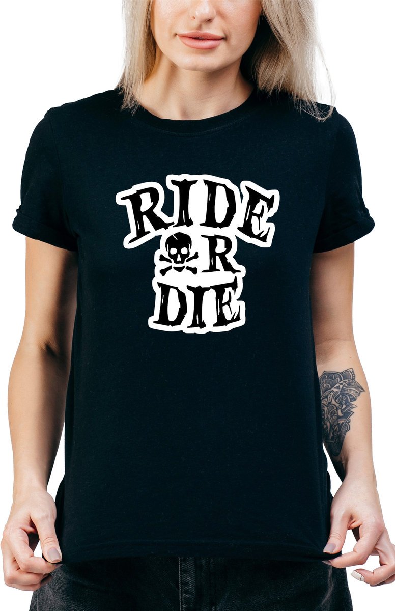 T-Shirt Damski Z Nadrukiem Ride Or Die Biker Motor Koszulka Czarna R-M Model A101