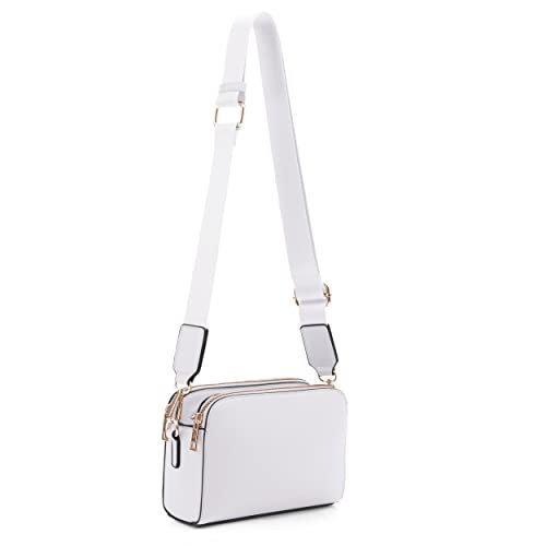 EVVE Torby crossbody dla kobiet modna potrójny zamek mała torba na aparat crossbody, torebka z szerokim paskiem gitarowym, biały, Kompaktowy