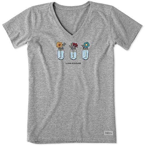 Life Is Good Damska damska koszulka z grafiką z dekoltem w serek kwiatowe słoiki Szary Szary wrzosowy XL