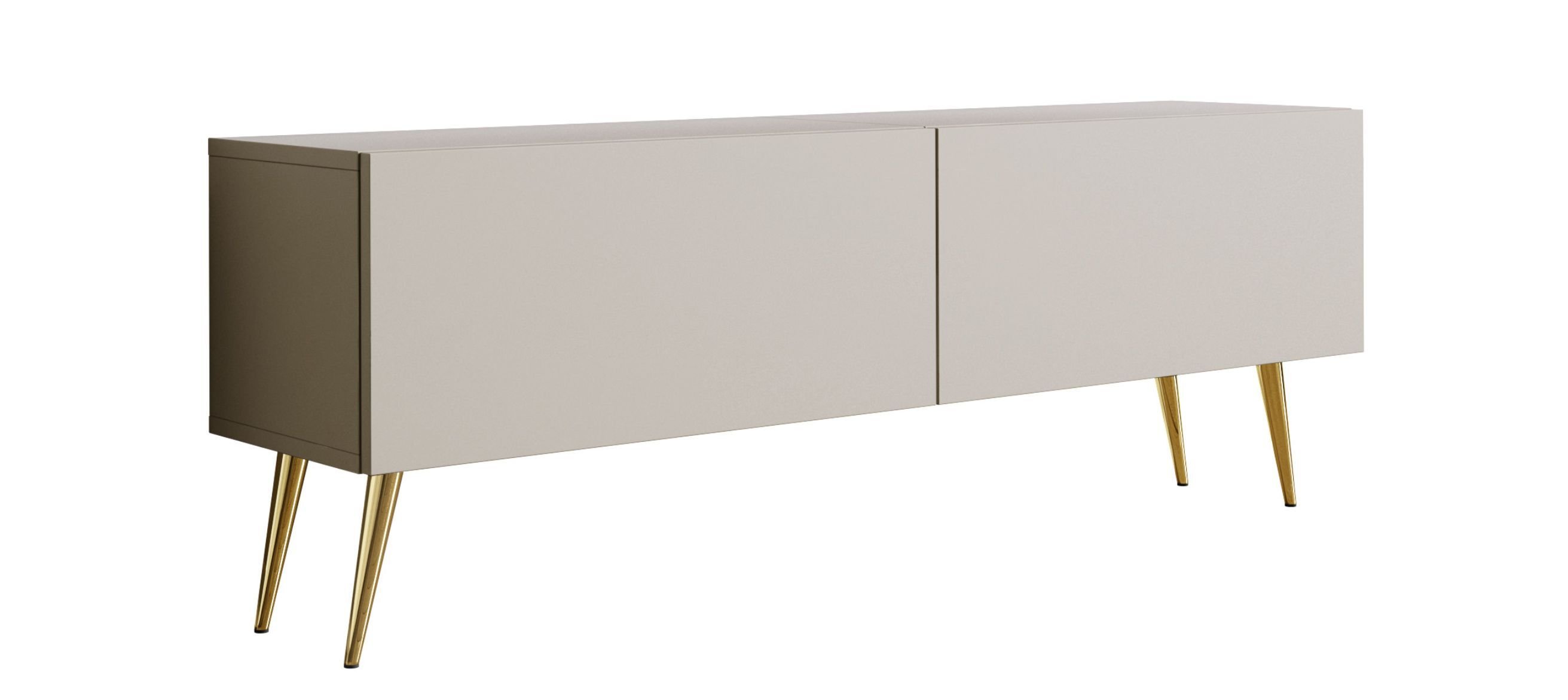 Szafka RTV: dwoje drzwi, dwie półki, kolor: kaszmir, złote nóżki, A: szer: 140 cm, wys: 52 cm, gł: 32 cm