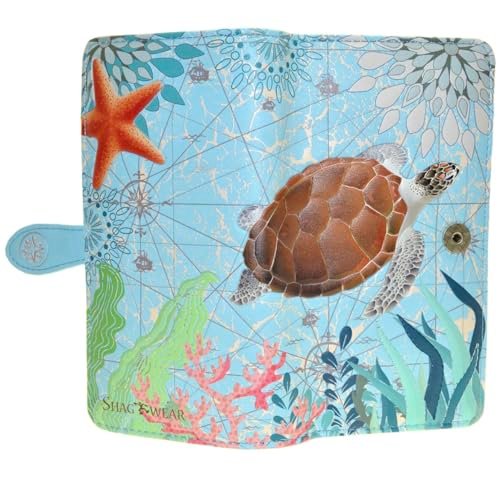 Shag Wear Duży damski portfel z motywem letnim i plażowym wegańska skóra 18 cm, Żółw morski niebieski, Large, Portfel z zamkiem błyskawicznym