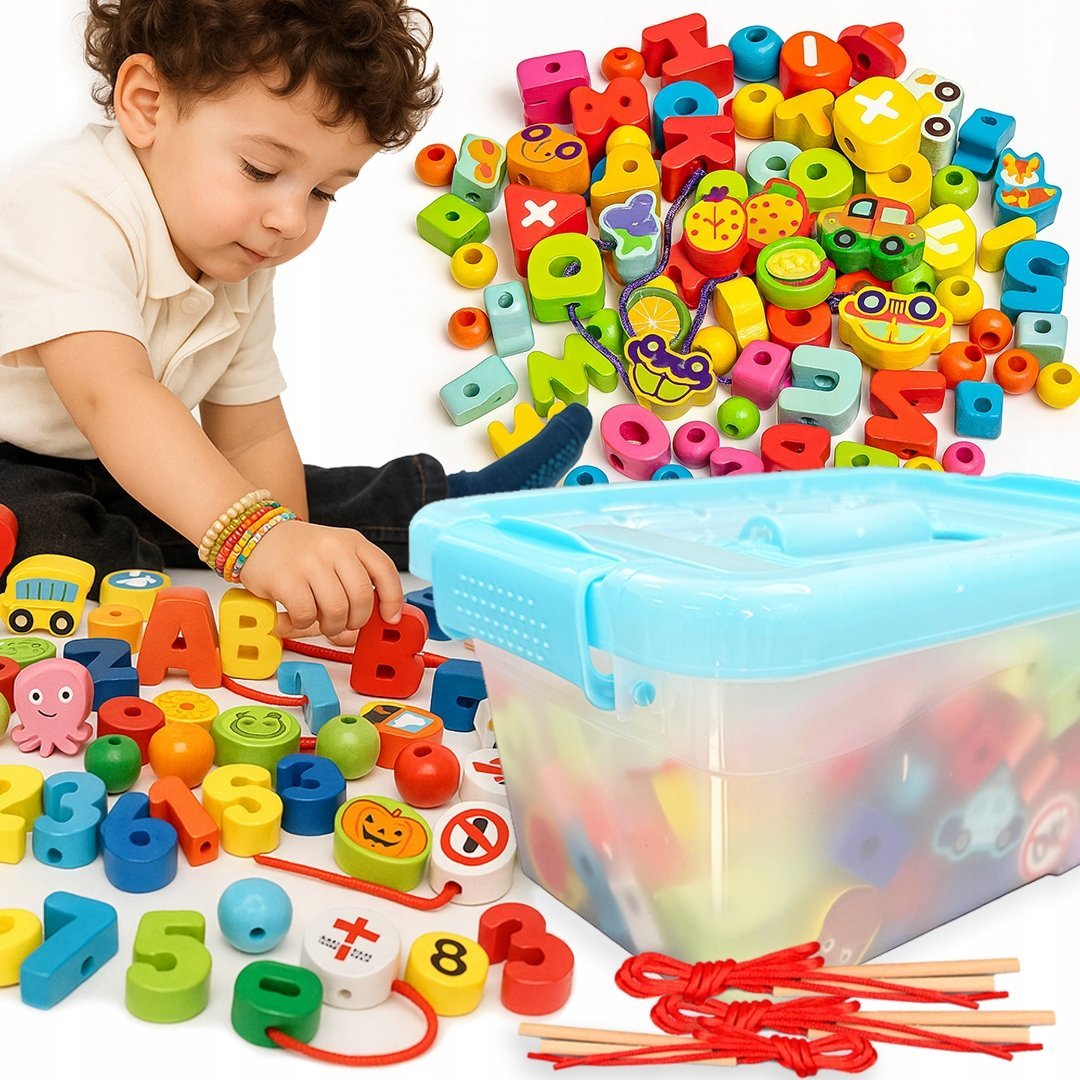 DREWNIANE KLOCKI KORALIKI DO NAWLEKANIA EDUKACYJNE DLA DZIECI MONTESSORI