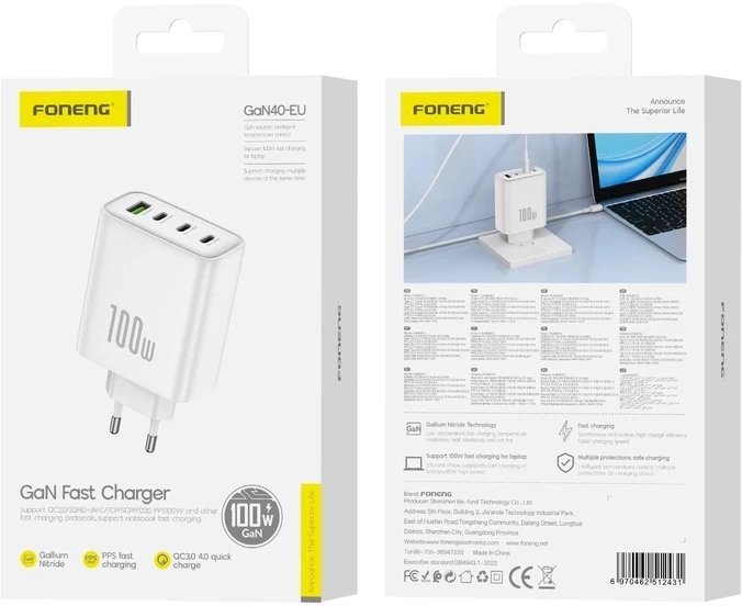 Ładowarka Foneng FONENG ładowarka sieciowa GaN40 GaN PD 100W 3xUSB-C + 1xUSB QC3.0 Biały