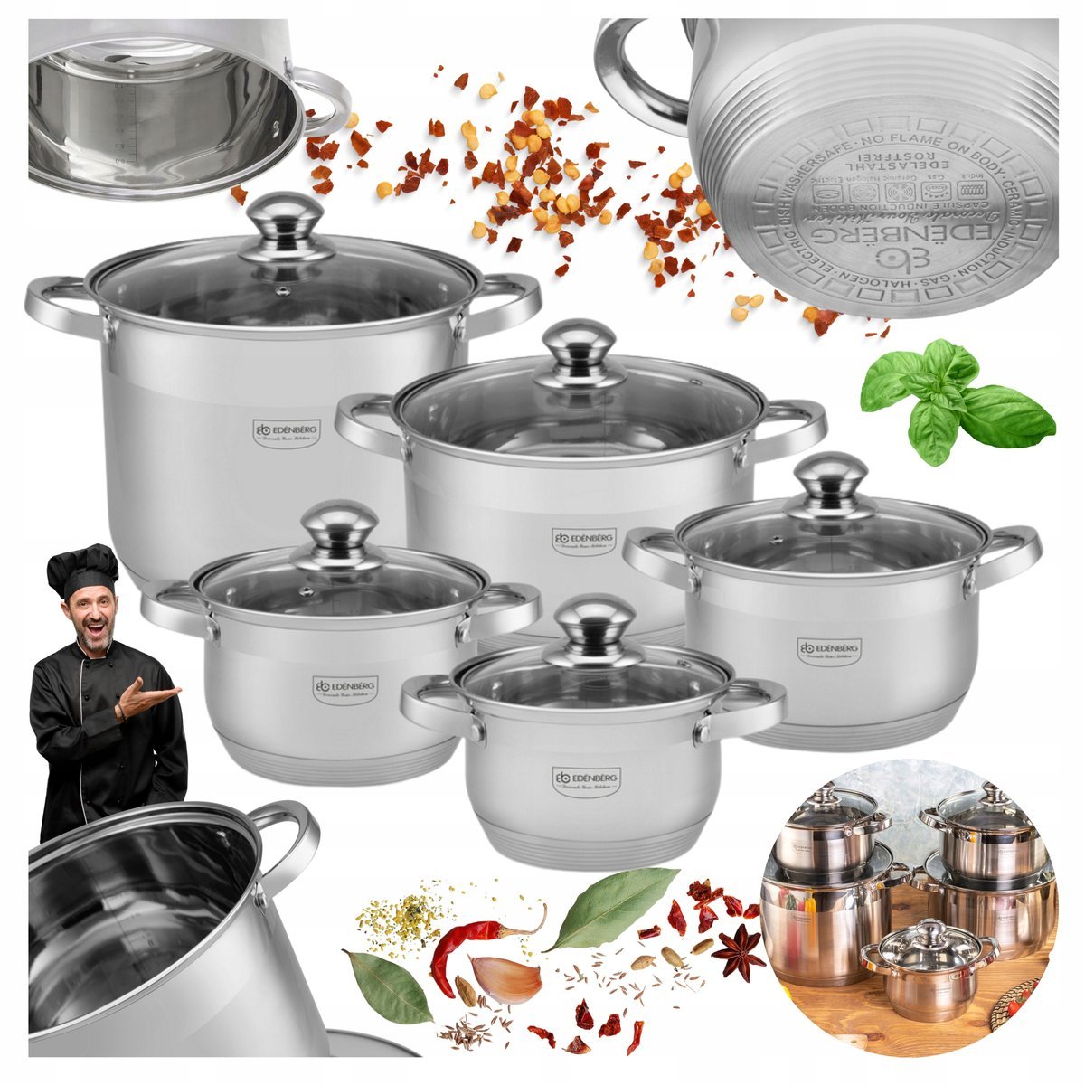 ZESTAW GARNKÓW ZE STALI NIERDZEWNEJ 16/18/20/24/28cm 10 el GAZ INDUKCJA