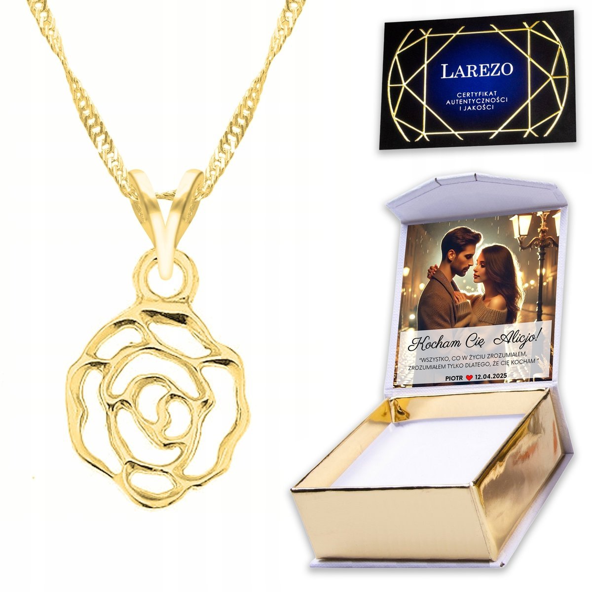 Złoty Naszyjnik 925 z Różą Kwiatem Kwiat Roślina Kwiatek Flower + NADRUK