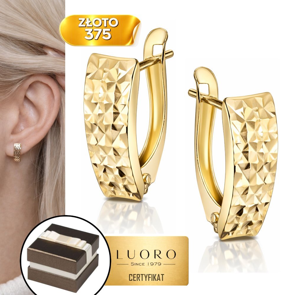 KOLCZYKI ZŁOTE 375 PROSTOKĄT Z DIAMENTOWANIEM ANGIELSKIE ZAPIĘCIE 1,4 CM
