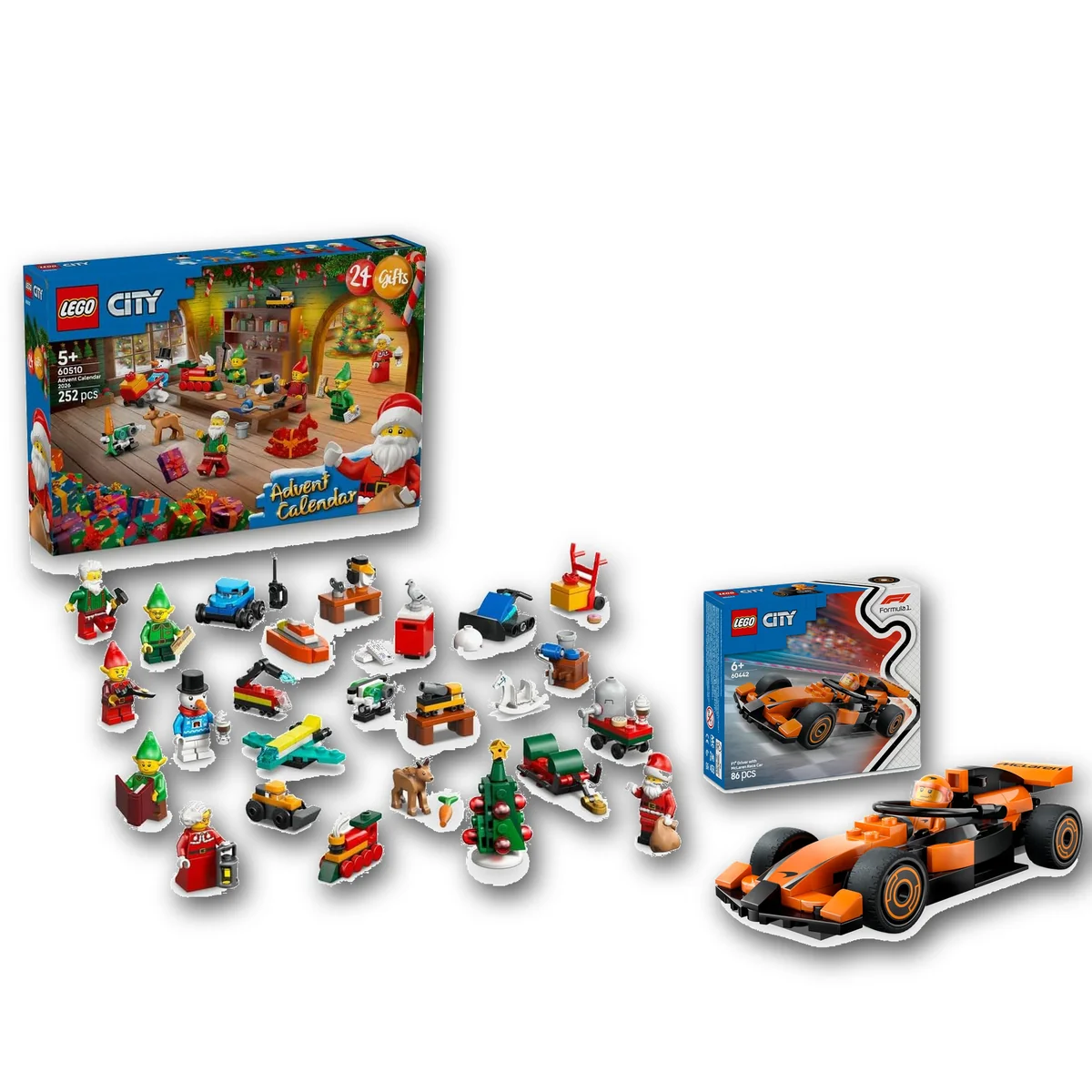 LEGO City ZESTAW Kalendarz adwentowy 2026 60510 + F1 Bolid McLaren z kierowcą 60442 - 338 elementów, mata do zabawy