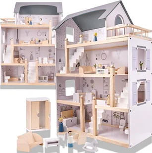 Drewniany Domek Dla Lalek + 18 mebelków + 4 laleczki - Domki dla lalek - miniaturka - grafika 1