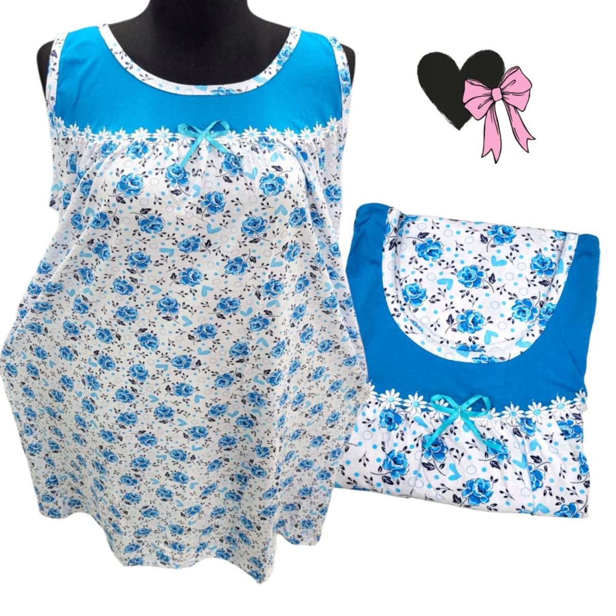 BAWEŁNA KOSZULA NOCNA na ramiączkach piękna róża prezent błękit 50 52 5XL