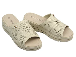 Skórzane klapki damskie na delikatnym koturnie beżowe Vinceza 41477 - Klapki i japonki damskie - miniaturka - grafika 1