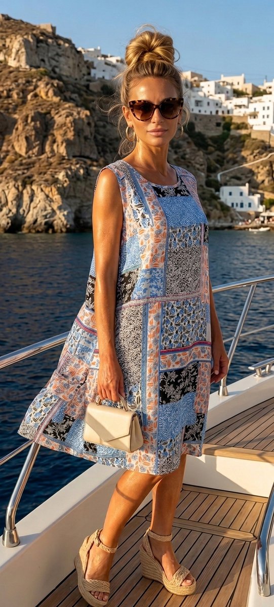 Luźna Wzorzysta Sukienka Letnia Prosta Wzory Boho Etno Patchwork Niebieska #FW262-9 XXL/3XL
