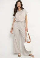 Spodnie damskie - Jasnoszare Szerokie Spodnie z Lnem z Gumką w Talii i Kieszeniami Filisela - miniaturka - grafika 1