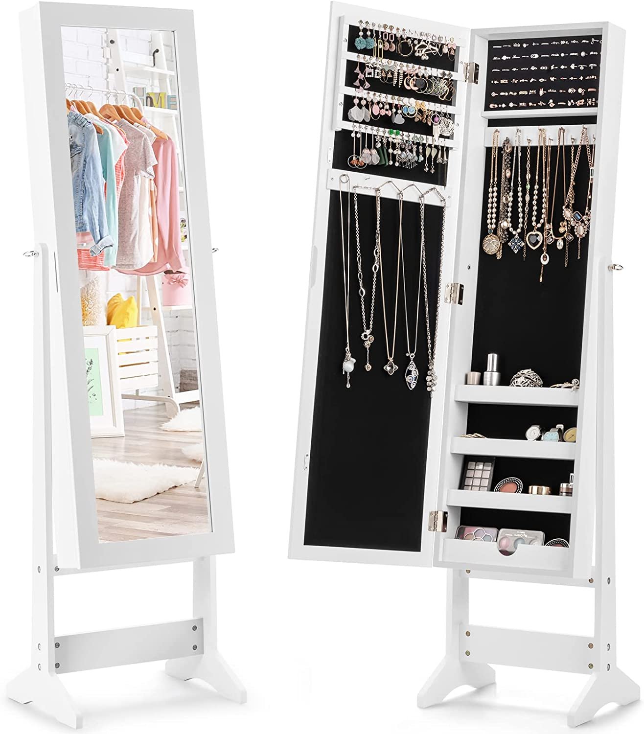 Obrotowa szafka na biżuterię, stojak na biżuterię z uchylnym pełnowymiarowym lustrem, schowek na biżuterię z drzwiczkami i stojakiem, dużo miejsca do przechowywania kolczyków, pierścionków, naszyjników, kosmetyków i bransoletek (biały)