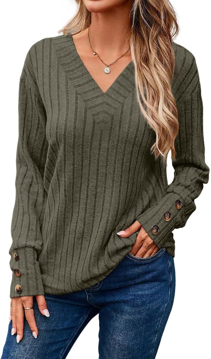 Dokotoo Sweter Damski z Długim Rękawem Dekolt w Serek Elegancki Zielony L