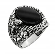 Pierścionki - Sygnet srebrny Wąż pr. 925 Pierścień z Owalnym Onyksem i Wężem r. 18 - miniaturka - grafika 1