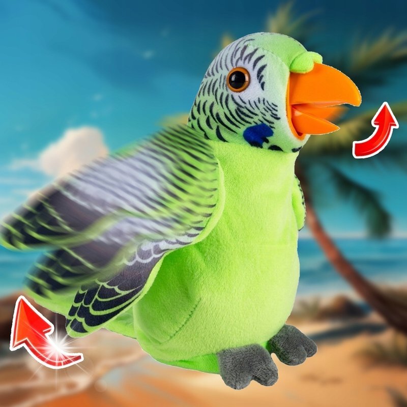 PAPUGA GADAJĄCA POWTARZA MÓWI MÓWIĄCA MIŚ GADAJĄCA MASKOTKA PTAK RUCHOMA