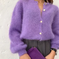 Swetry damskie - TEMU Kardigan Damski Elegancki w Kolorze Lawendy - Okrągły Dekolt z Zapięciem na Guziki, Przytulny Sweter na Jesień i Zimę, Uniwersalny do Stylów - miniaturka - grafika 1