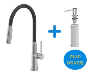 Quadron POP Bateria zlewozmywakowa stalowa GINA STEELQ z elastyczną czarną wylewką i funkcją prysznica plus dozownik okrągły do płynu KEIRA kolor chrom - Baterie kuchenne - miniaturka - grafika 1