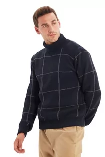 Swetry męskie - Trendyol Męska bluza z golfem w kratę slim sweter, granatowy, L, granatowy, L - grafika 1