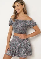 Komplety damskie - Czarno-Różowy Komplet Bluzka Hiszpanka z Marszczonej Gumki Spódnica z Falbankami i Gumką w Pasie Testely - miniaturka - grafika 1