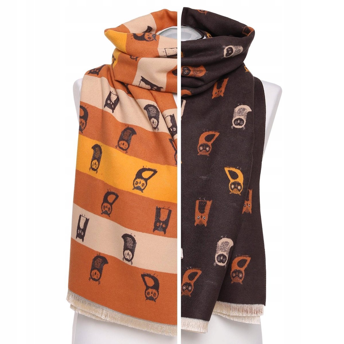 Dwustronny SZAL DAMSKI Z Modnymi Frędzlami Sowy MORAJ Szalik Na Jesień Zimę